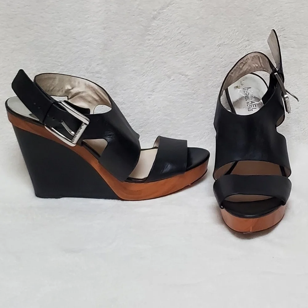 MICHAEL Kors Carla Black Leather Faux Wood Platform Wedge Strappy Sandal 9.5